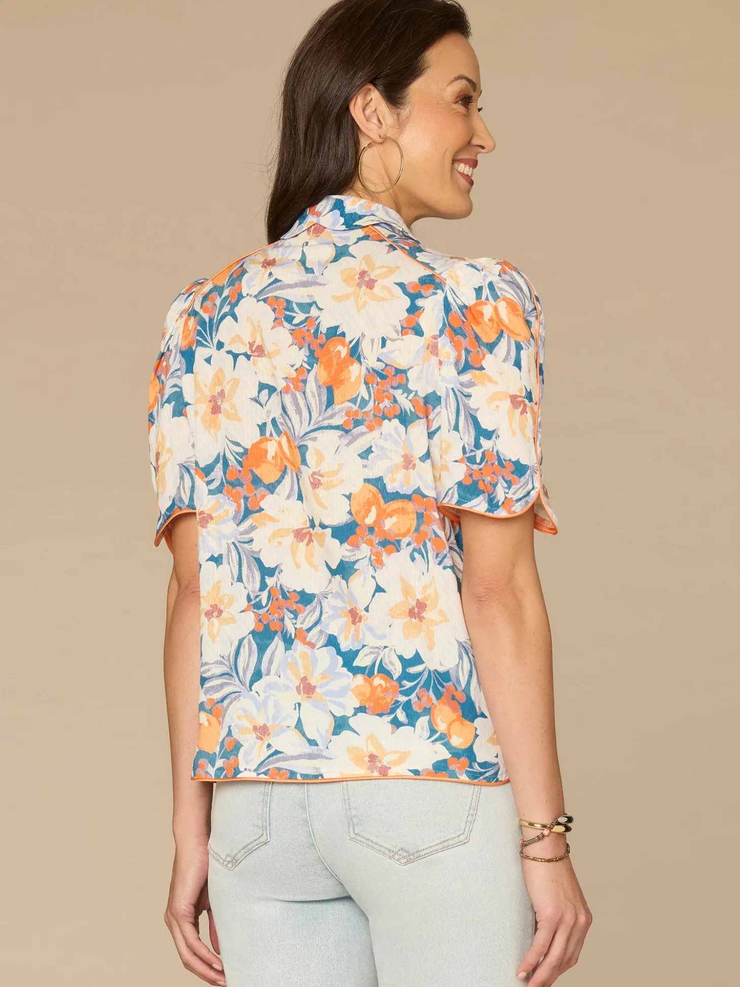 Above Elbow Puff Sleeve Scallop Collar Button Down Printed Woven Top