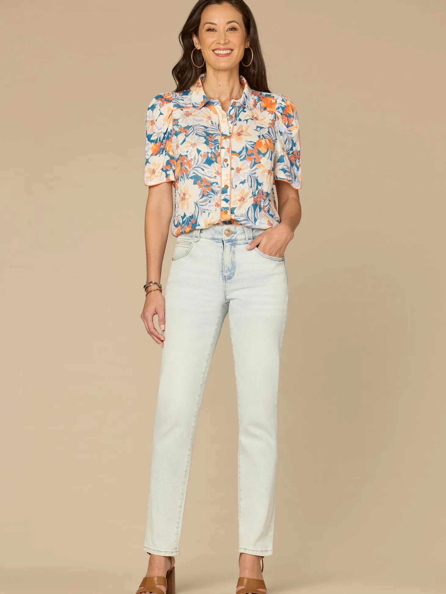 Above Elbow Puff Sleeve Scallop Collar Button Down Printed Woven Top