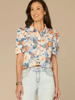 Above Elbow Puff Sleeve Scallop Collar Button Down Printed Woven Top
