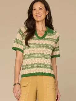 Above Elbow Sleeve V-Neck Collared Placket Novelty Stripe Stitch Sweater Polo Top