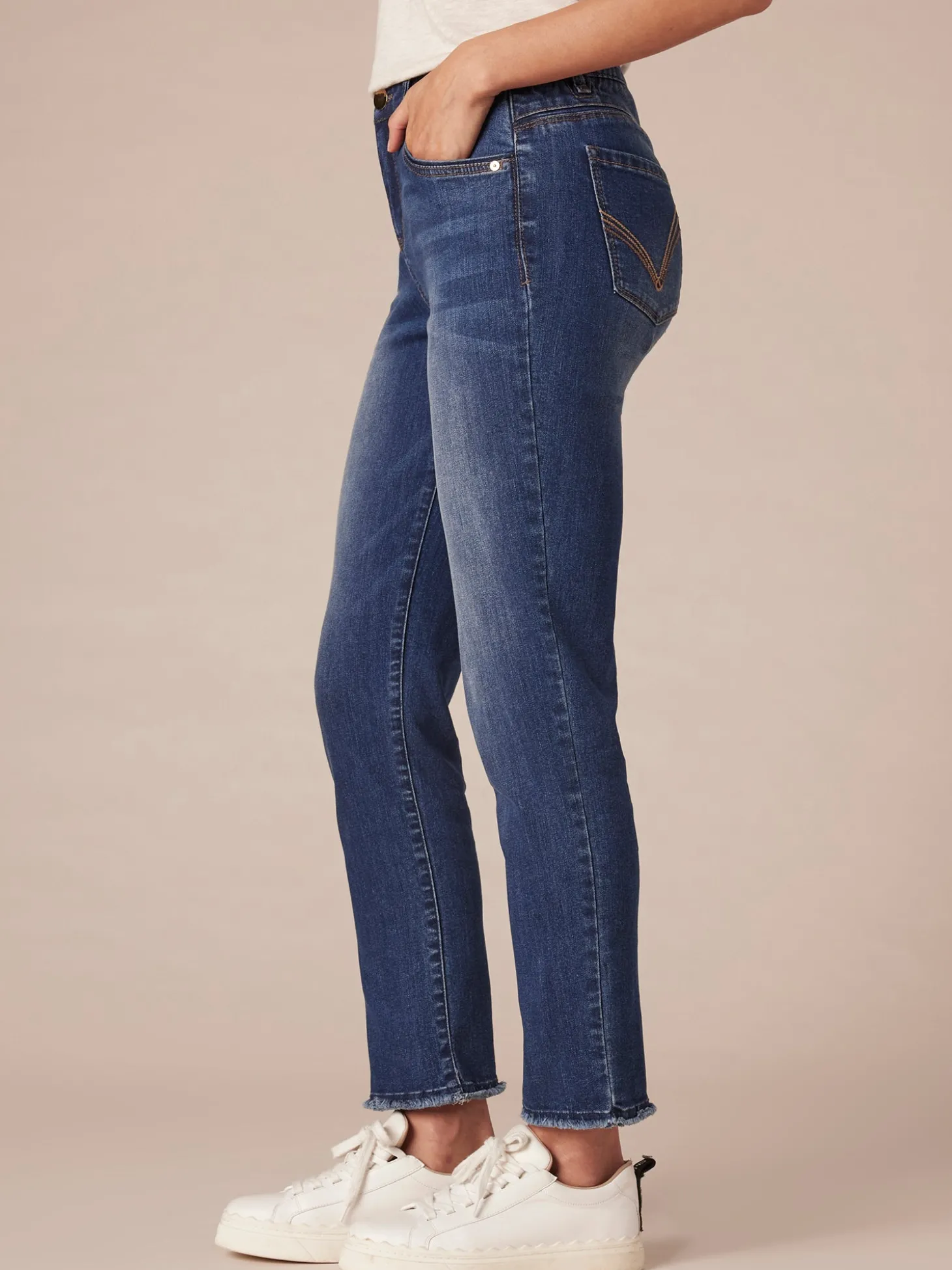"Ab"solution High Rise Cascading Embroidered "D" Slim Straight Jean