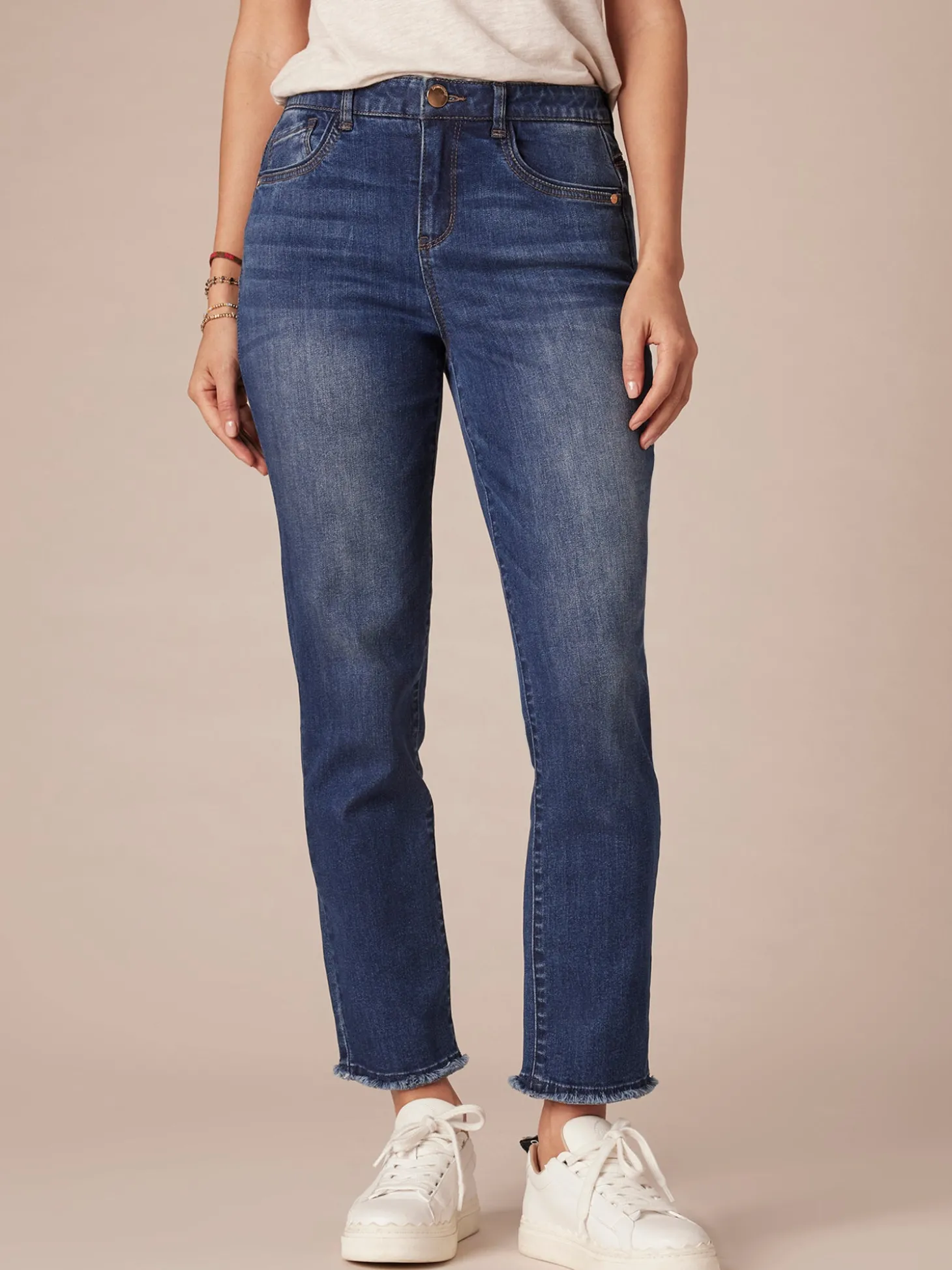"Ab"solution High Rise Cascading Embroidered "D" Slim Straight Jean