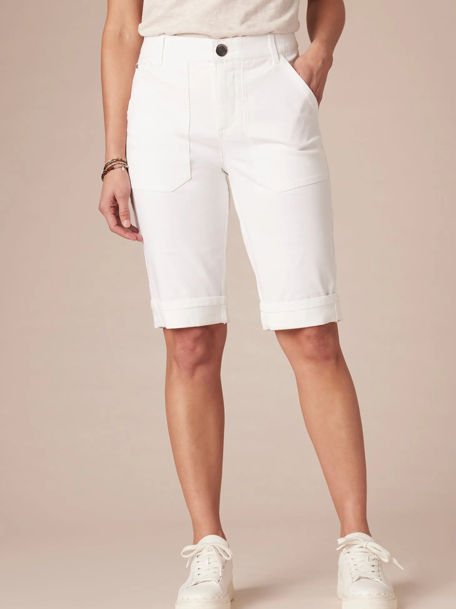 "Ab"solution High Rise Cuffed Denim Bermuda Short with Coin Pockets