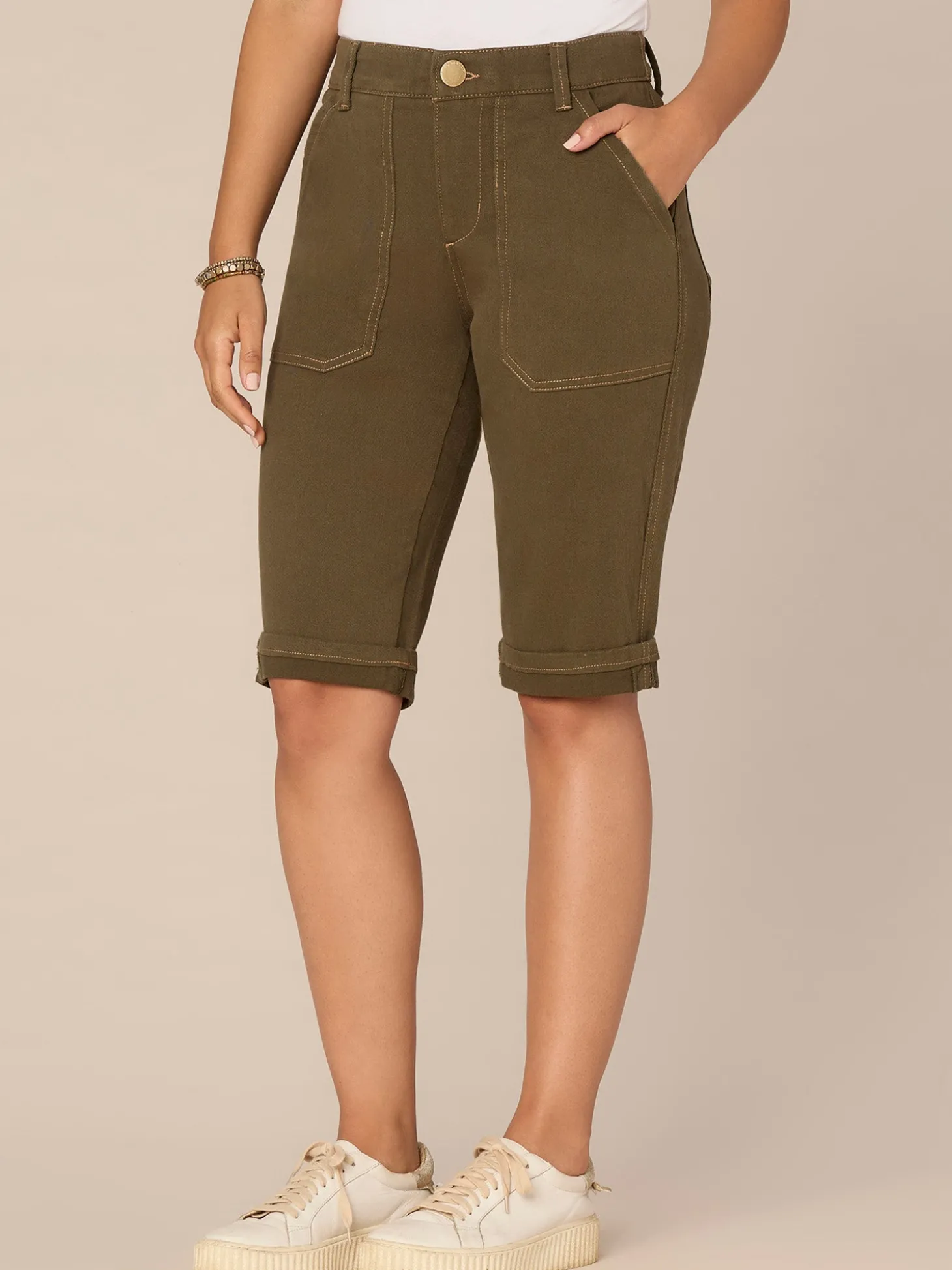 "Ab"solution High Rise Cuffed Hem Bermuda Shorts with Coin Pockets