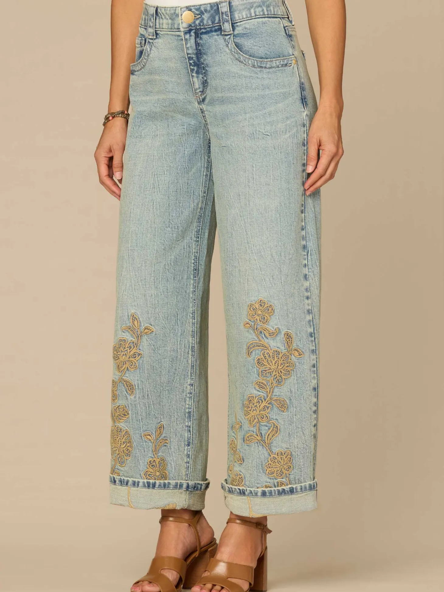 "Ab"solution® High Rise Cuffed Petite Wide Leg Jeans with Embroidery