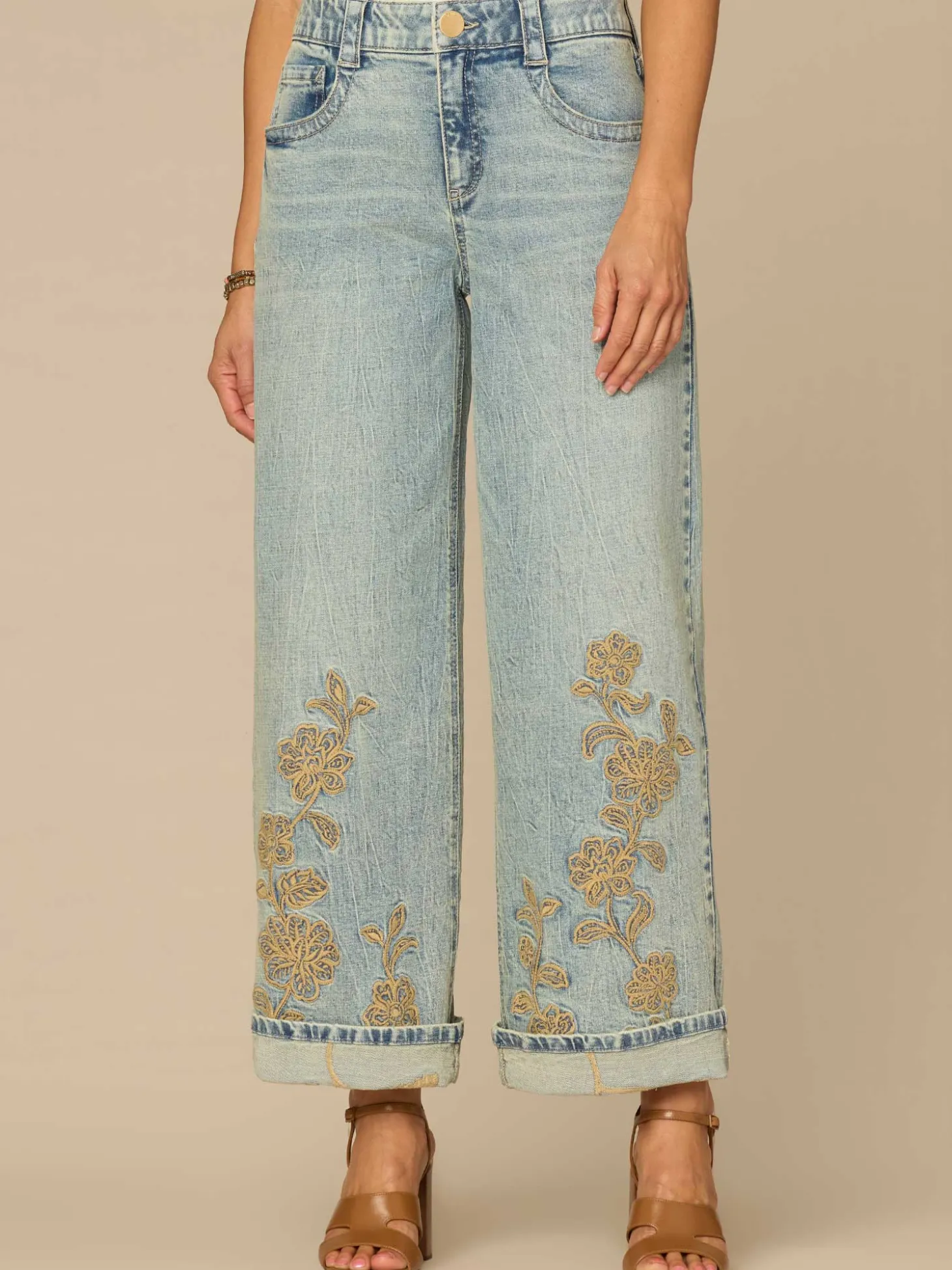 "Ab"solution® High Rise Cuffed Wide Leg Jeans with Floral Embroidery