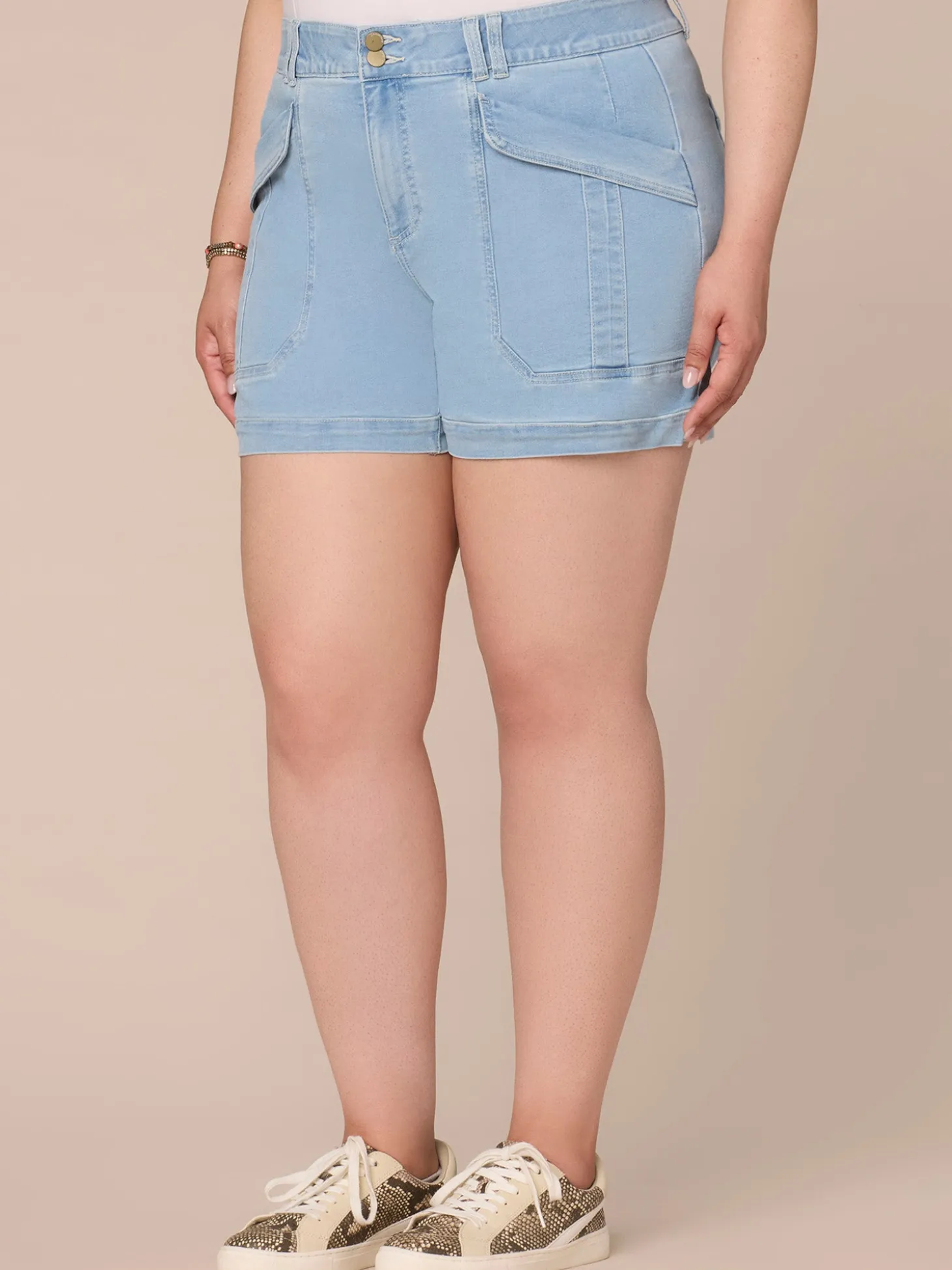 "Ab"solution High Rise Double Button Utility Plus Size Shorts