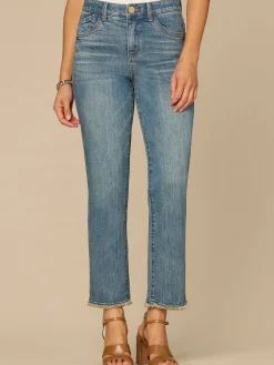 “Ab”solution® High Rise Embroidered Pocket Fray Hem Slim Straight Jean