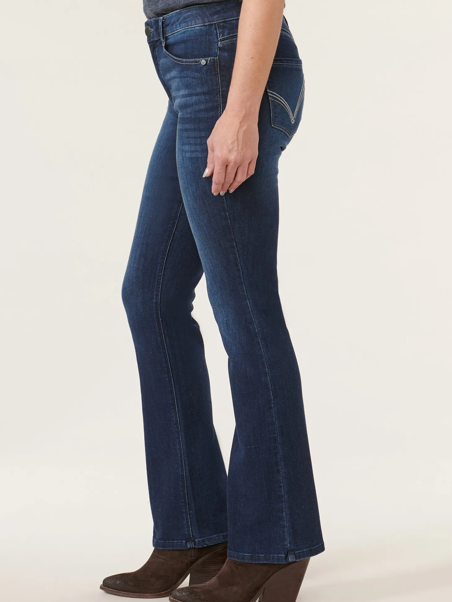 "Ab"solution® High Rise Embroidered Indigo Itty Bitty Boot Jean