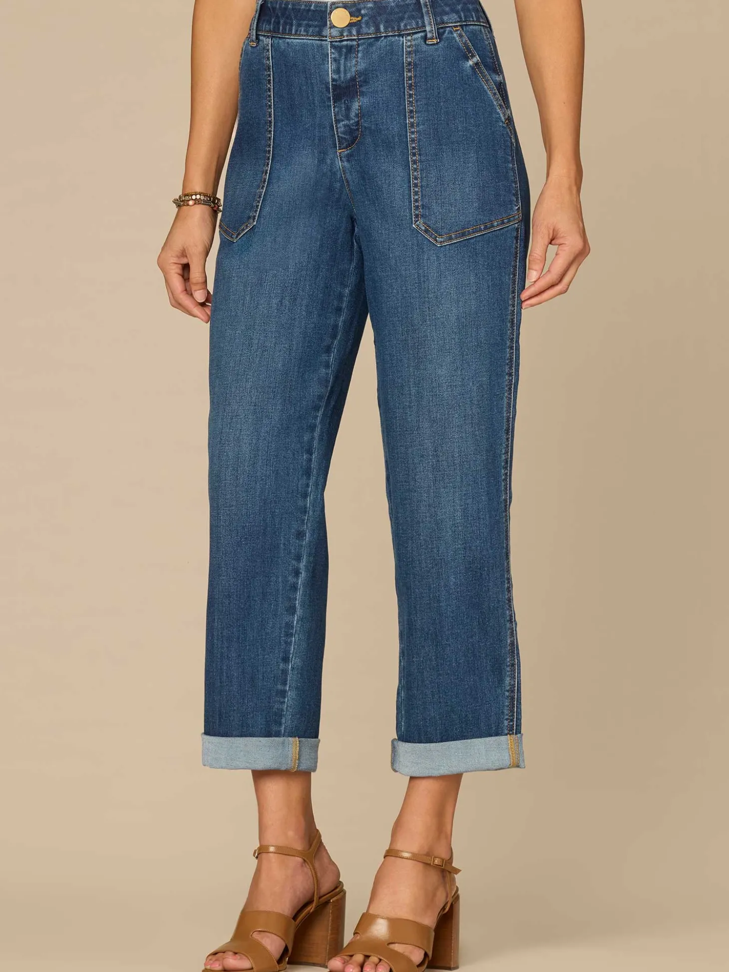 "Ab"solution® High Rise Patch Pocket Roll Cuff Utility Jeans