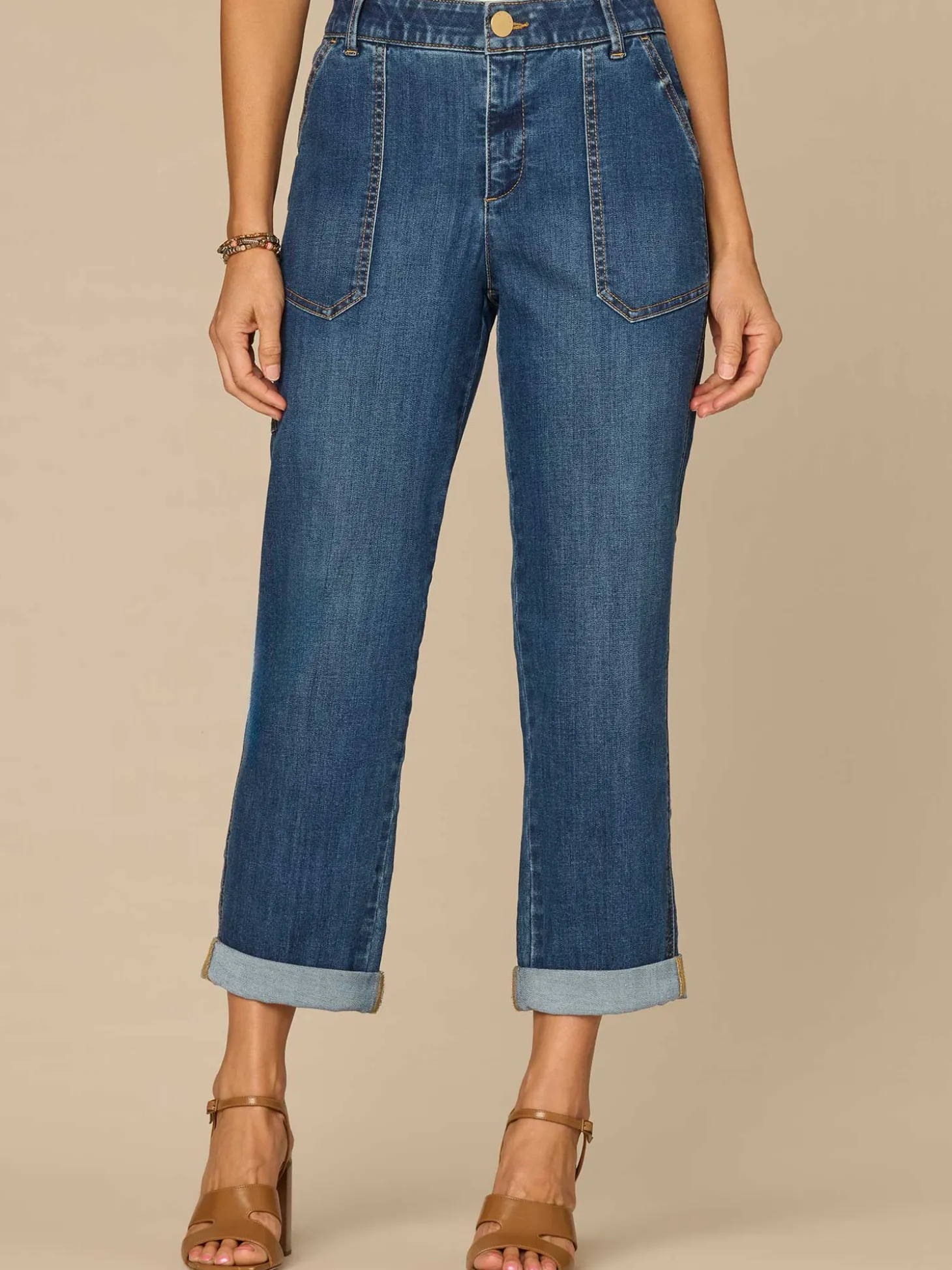 "Ab"solution® High Rise Patch Pocket Roll Cuff Utility Jeans