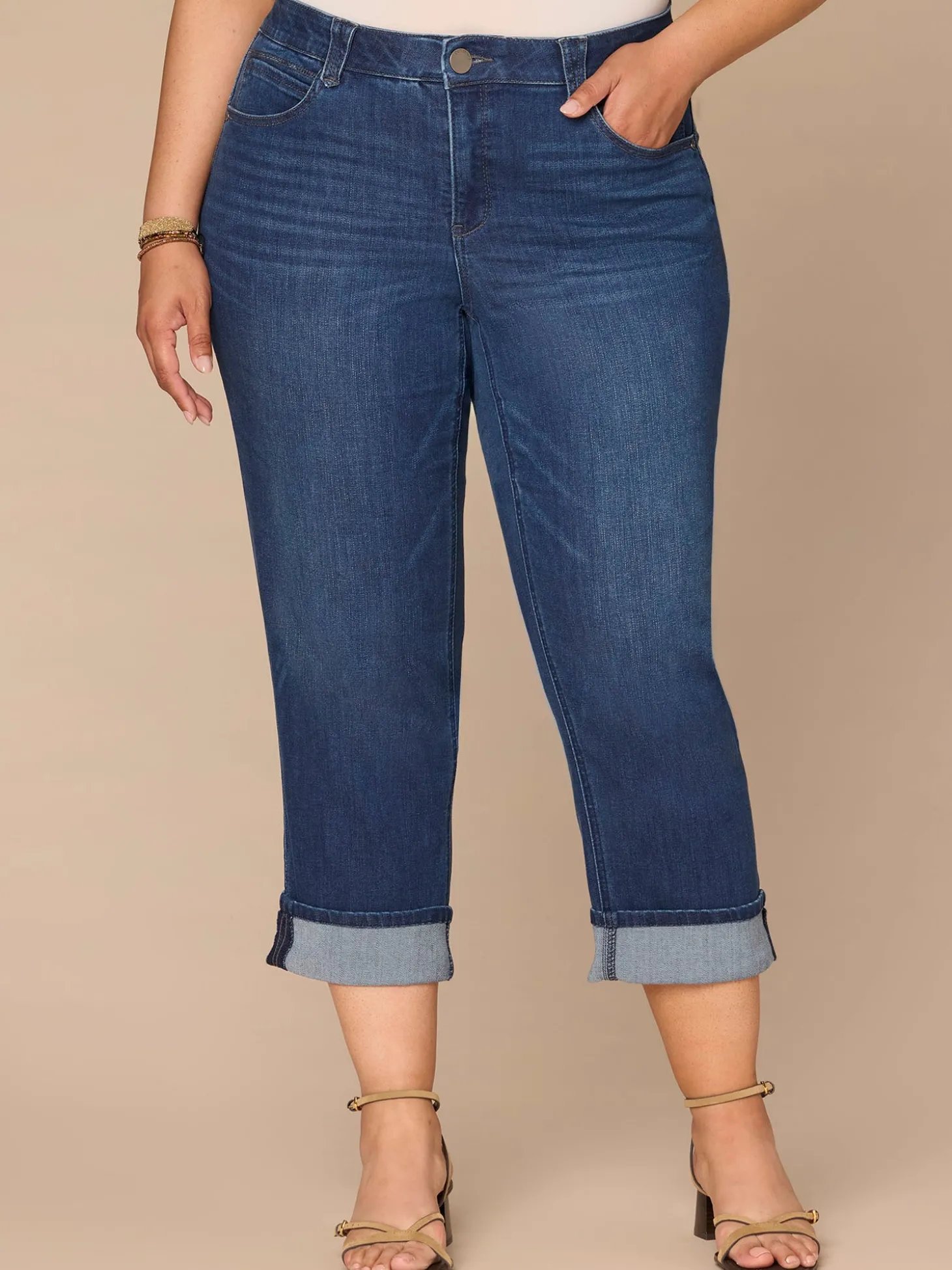"Ab"solution® High Rise Round Up Yoke Cuffed Plus Size Boyfriend Jeans