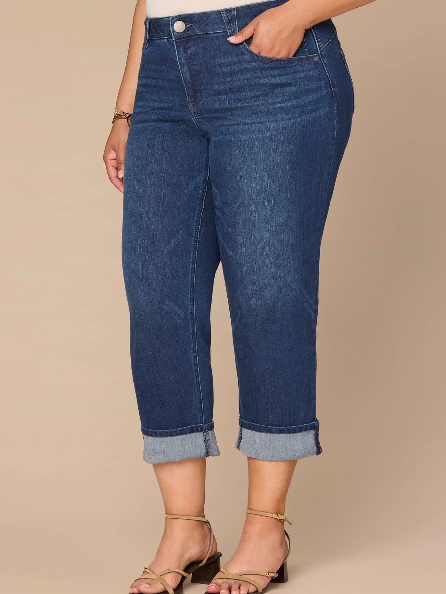 "Ab"solution® High Rise Round Up Yoke Cuffed Plus Size Boyfriend Jeans