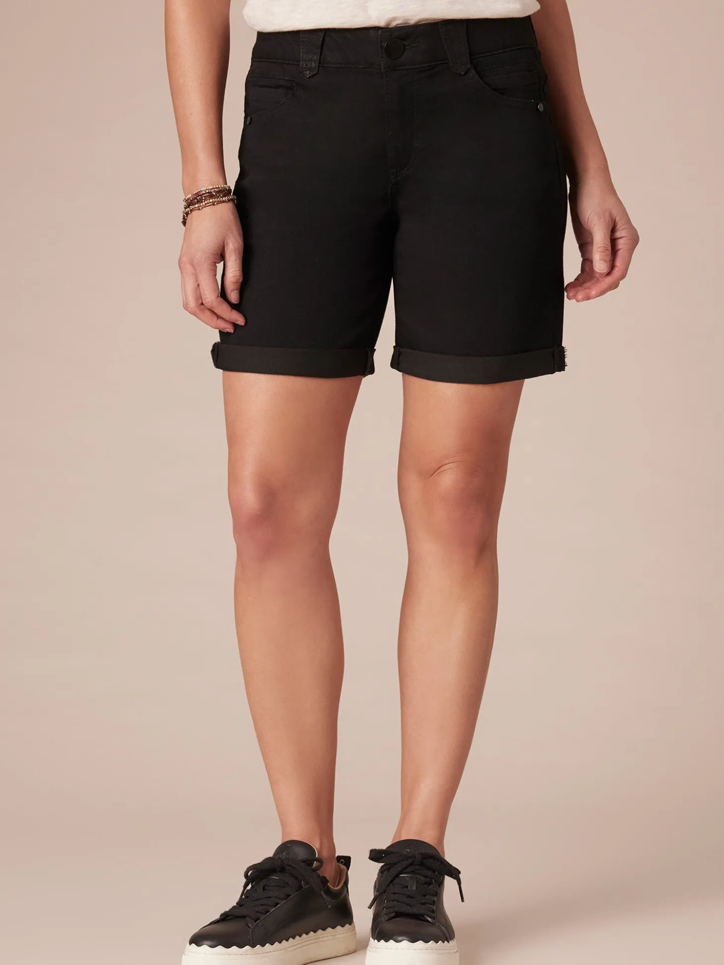 "Ab"solution® Mid-Rise Black Roll Cuff Petite Short
