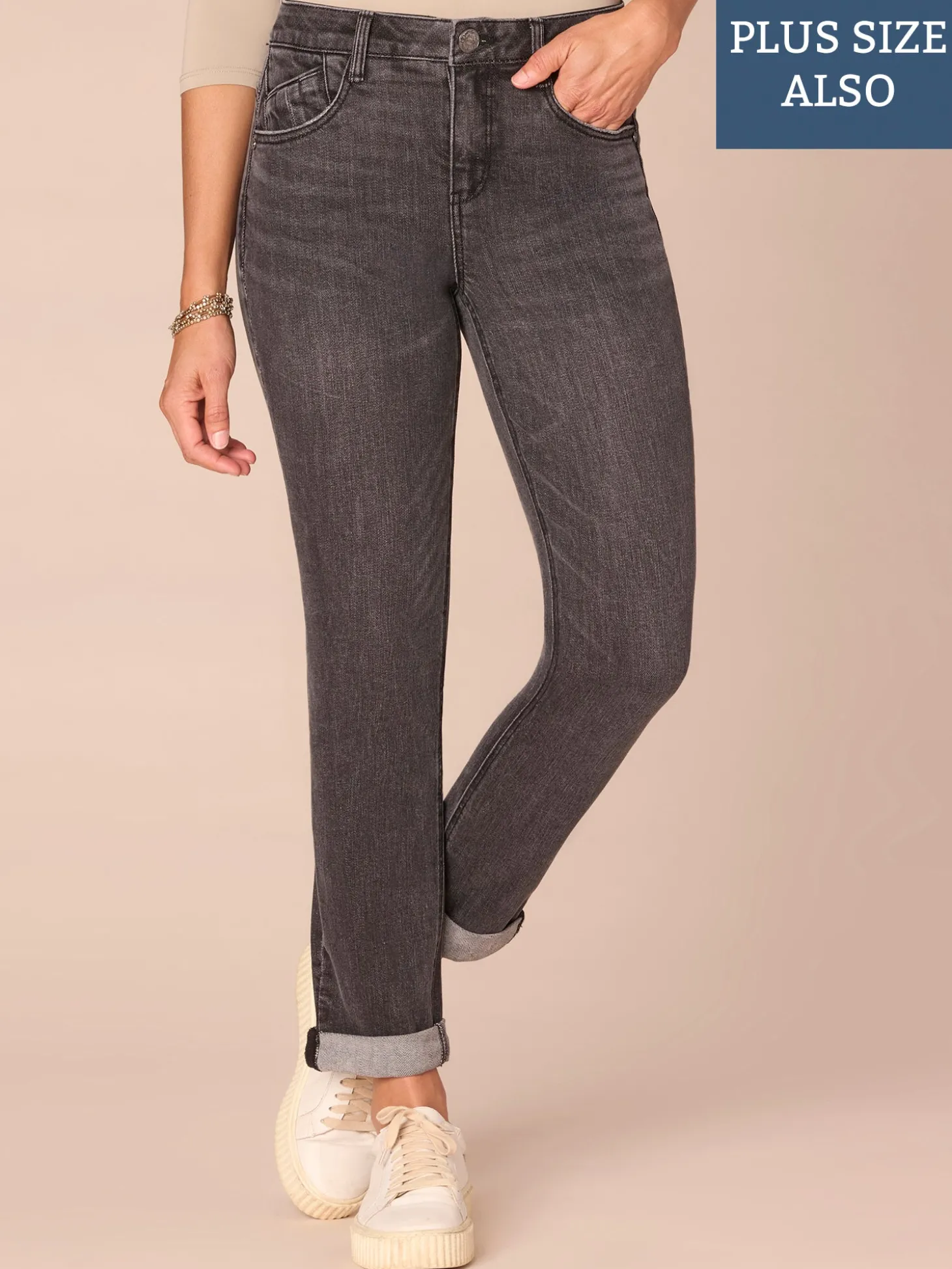 "Ab"solution® Mid-Rise Plus Size Girlfriend Jeans with Roll Cuff
