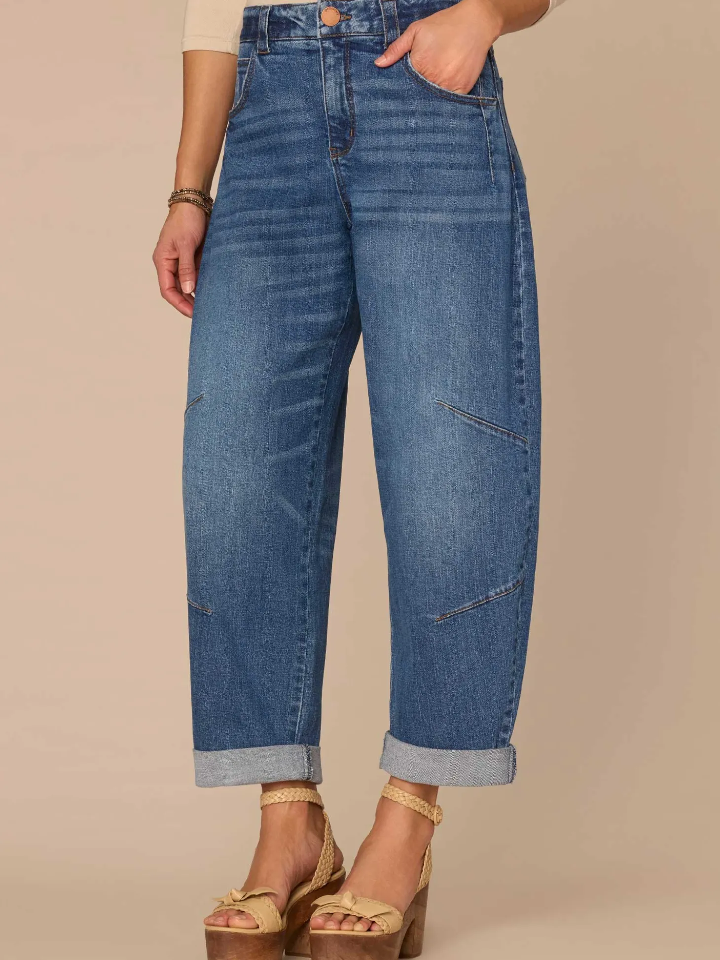 "Ab"solution® Skyrise Roll Cuff Barrel Leg Jeans with Knee Darts