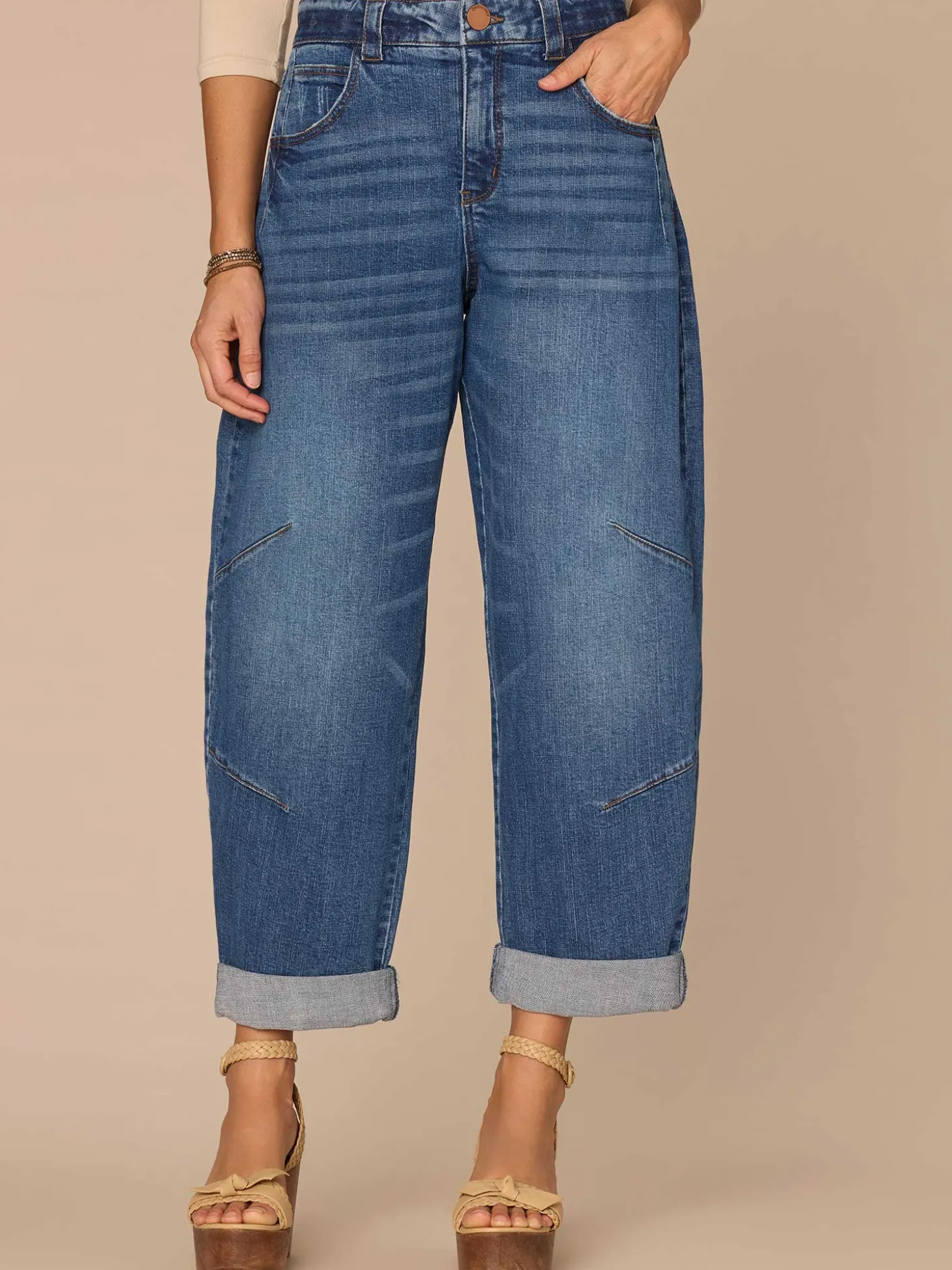 "Ab"solution® Skyrise Roll Cuff Barrel Leg Jeans with Knee Darts