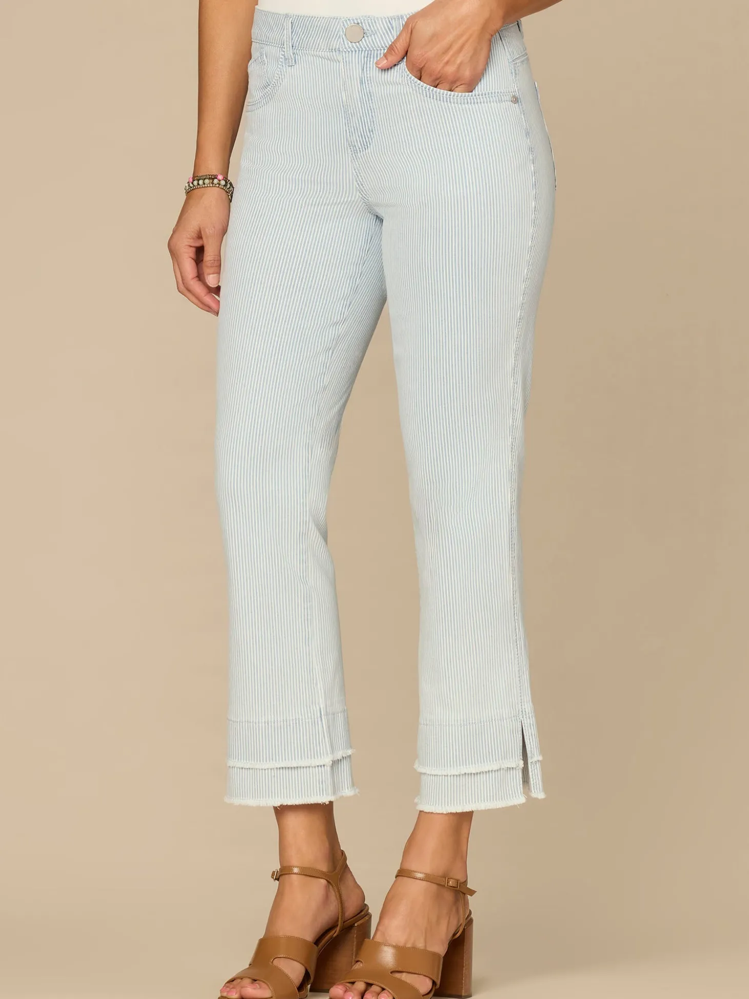 “Ab”solution® Striped Mid-Rise Double Layer Fray Hem Petite Kick Flare Jeans