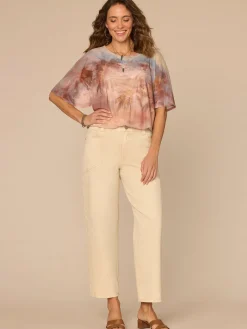 Angel Sleeve Scoop Neck Bubble Hem Palm Tree Placement Print Knit Top