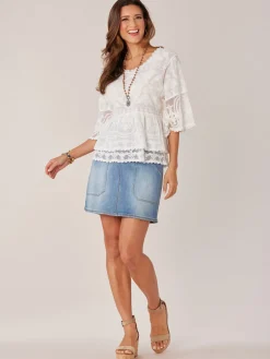 Bell Sleeve Scoop Neck Double Flounce Peplum Petite Woven Top