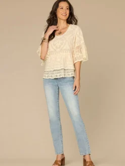 Bell Sleeve Scoop Neck Double Flounce Peplum Petite Woven Top