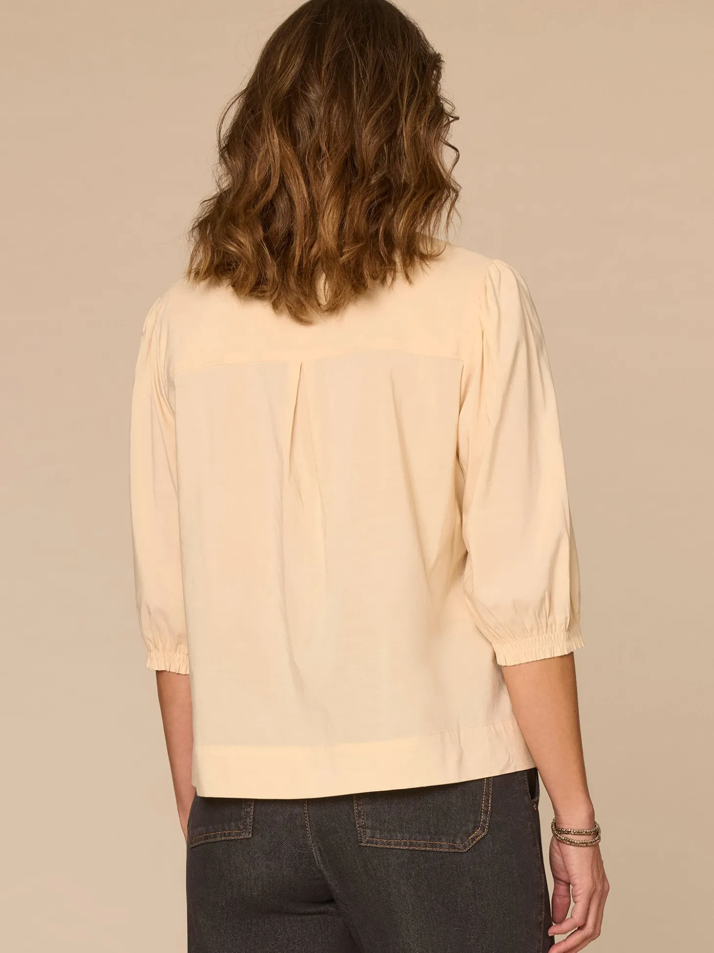 Below Elbow Blouson Sleeve Round Neck Embroidered Petite Woven Top
