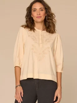 Below Elbow Blouson Sleeve Round Neck Embroidered Petite Woven Top