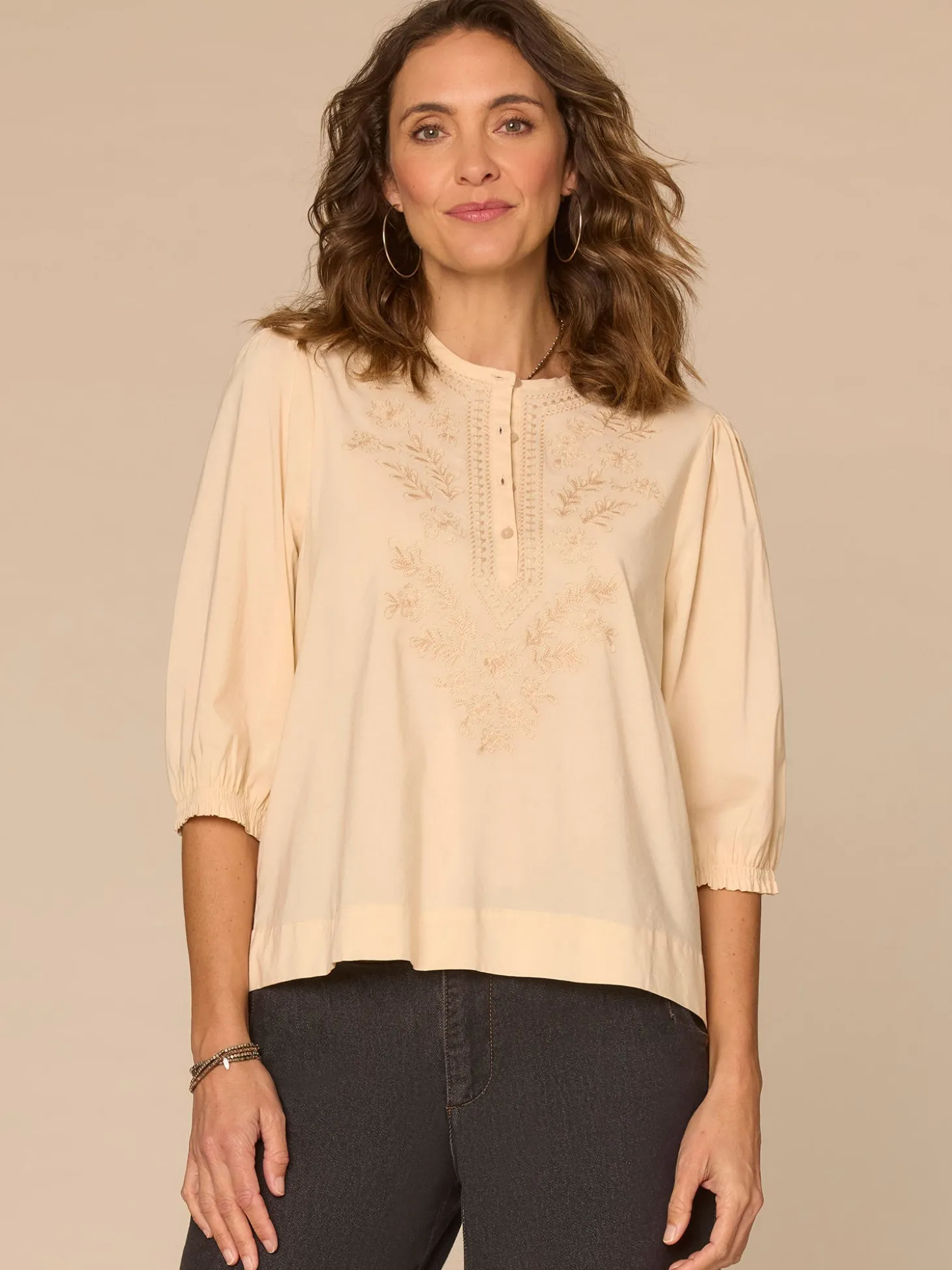 Below Elbow Blouson Sleeve Round Neck Embroidered Petite Woven Top