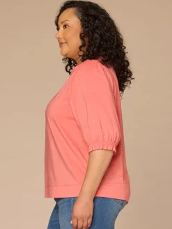 Below Elbow Blouson Sleeve Round Neck Embroidered Plus Size Woven Top