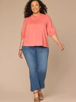 Below Elbow Blouson Sleeve Round Neck Embroidered Plus Size Woven Top