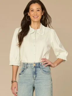 Below Elbow Ruffle Collar Neck Button Down Lyocell Denim Top