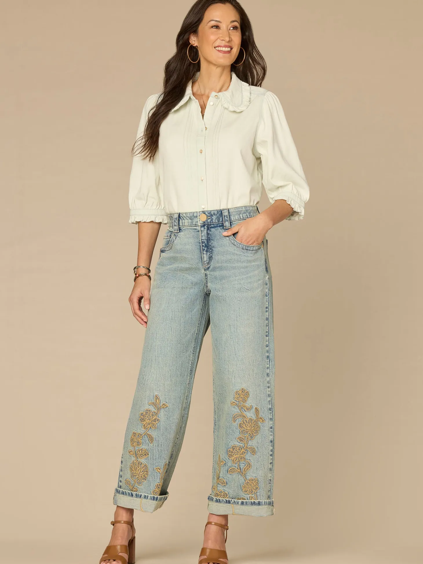 Below Elbow Ruffle Collar Neck Button Down Lyocell Denim Top