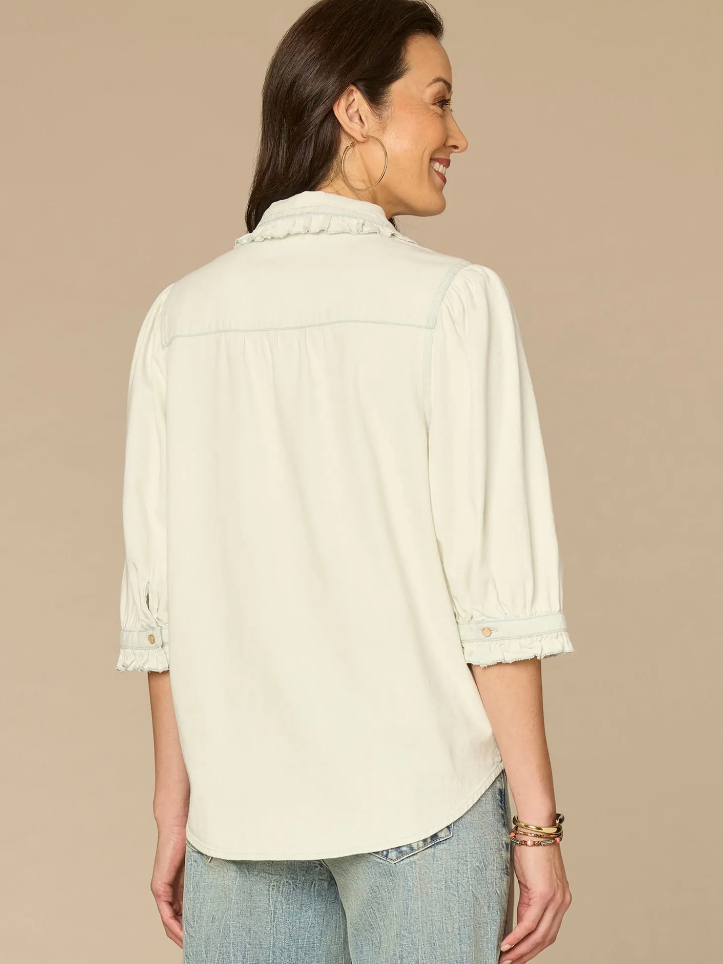 Below Elbow Ruffle Collar Neck Button Down Lyocell Denim Top