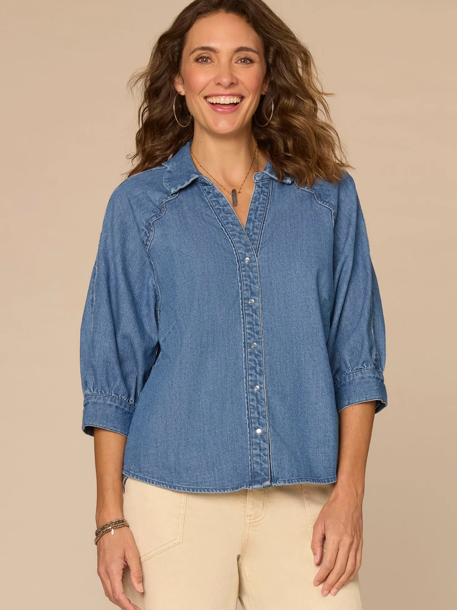 Below Elbow Sleeve Scallop Collar Snap Button Down Petite Denim Top