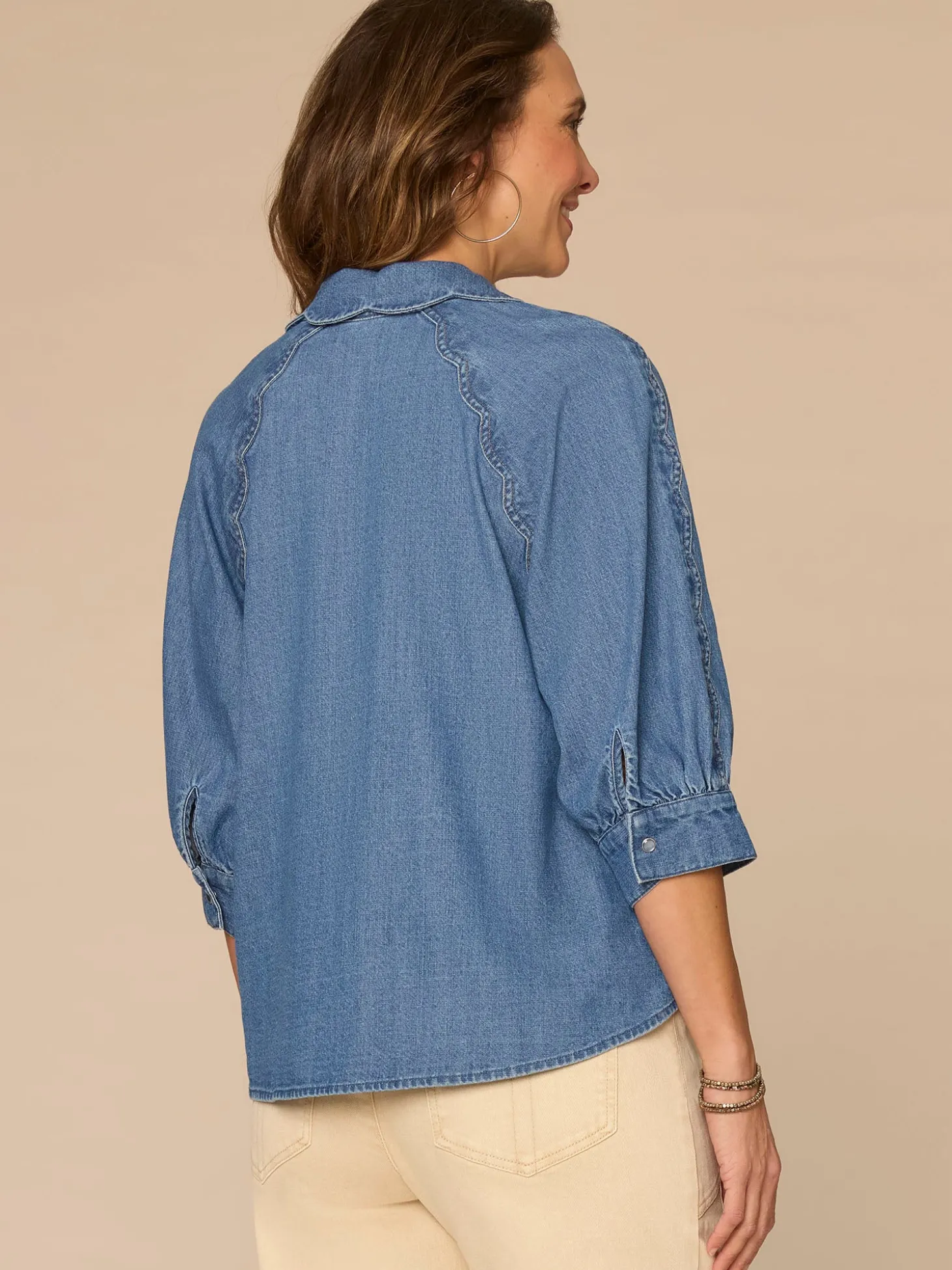 Below Elbow Sleeve Scallop Collar Snap Button Down Petite Denim Top