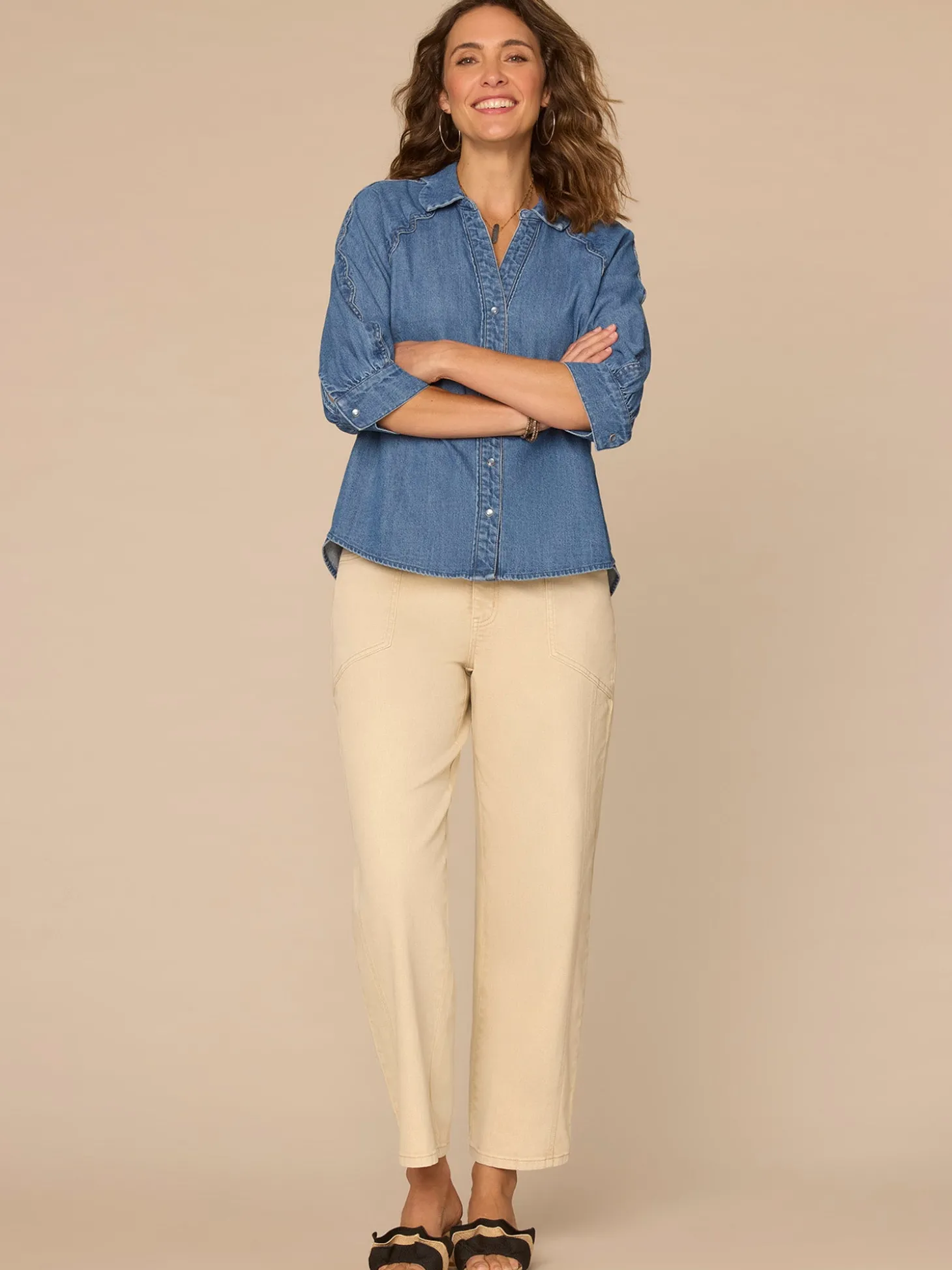 Below Elbow Sleeve Scallop Collar Snap Button Down Woven Denim Top