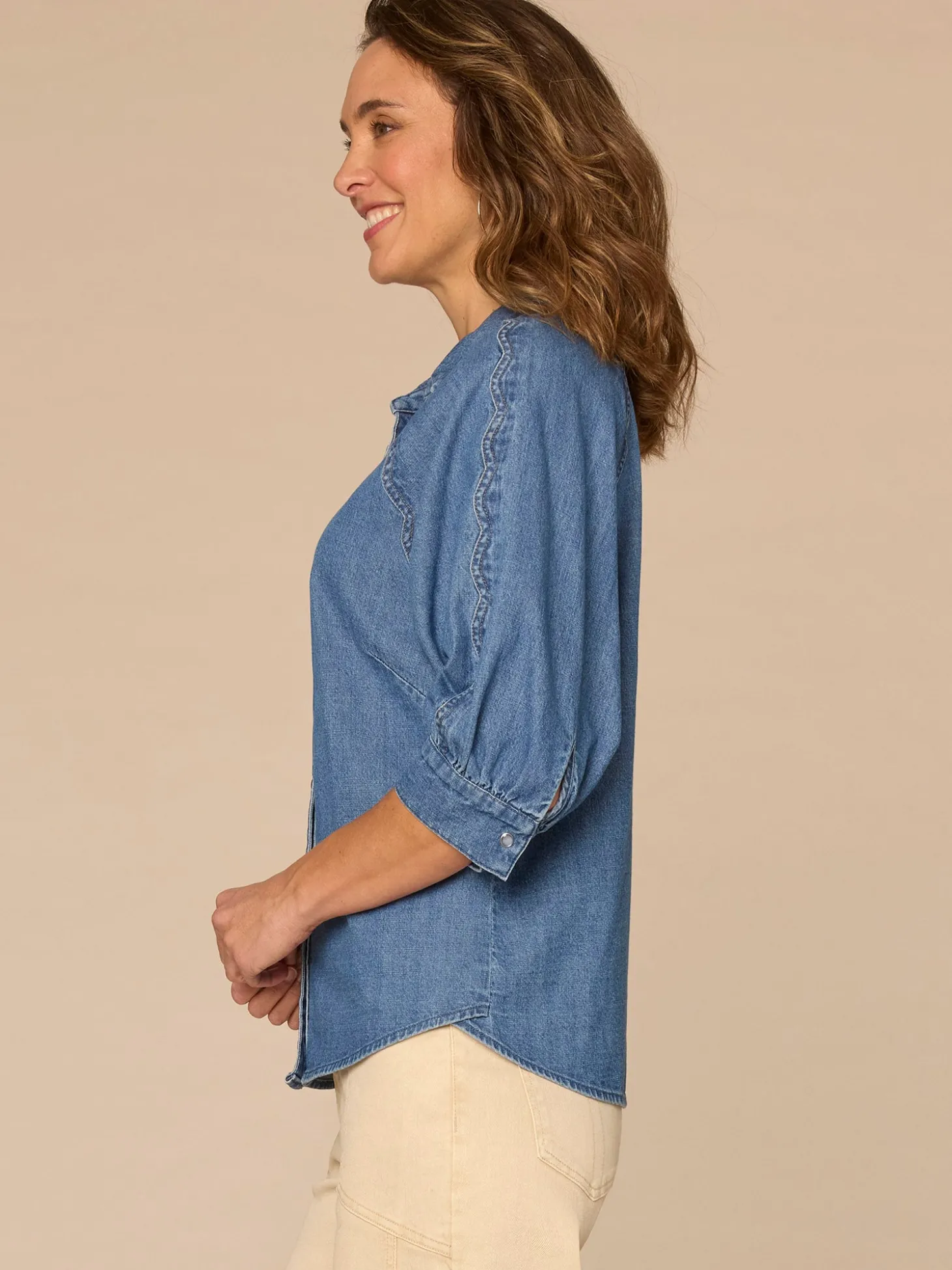Below Elbow Sleeve Scallop Collar Snap Button Down Woven Denim Top