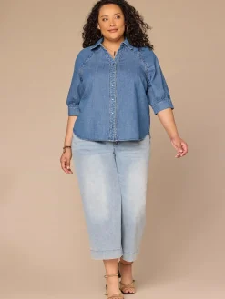 Below Elbow Sleeve Scallop Collar Snap Button Down Plus Size Denim Top
