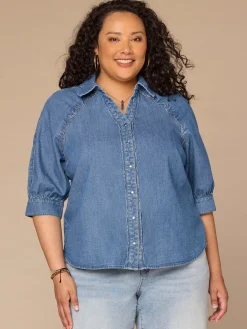 Below Elbow Sleeve Scallop Collar Snap Button Down Plus Size Denim Top