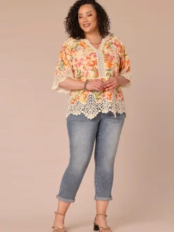 Below Elbow Sleeve V-Notch Neck Scallop Peplum Hem Plus Size Woven Top