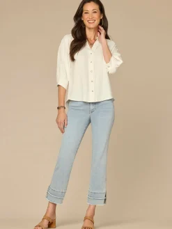 Below Elbow V-Neck Snap Front Petite Woven Shirt with Scallop Edge