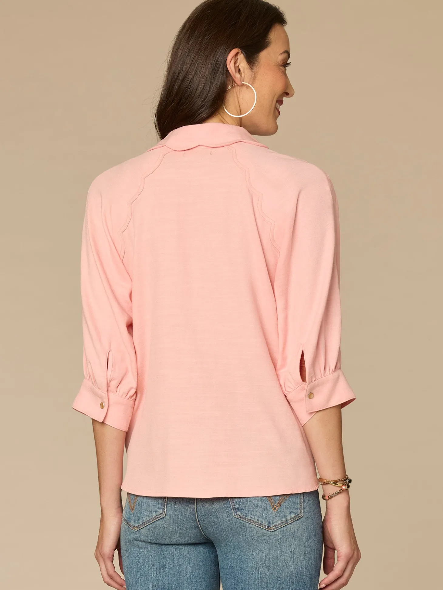Below Elbow V-Neck Snap Front Petite Woven Shirt with Scallop Edge