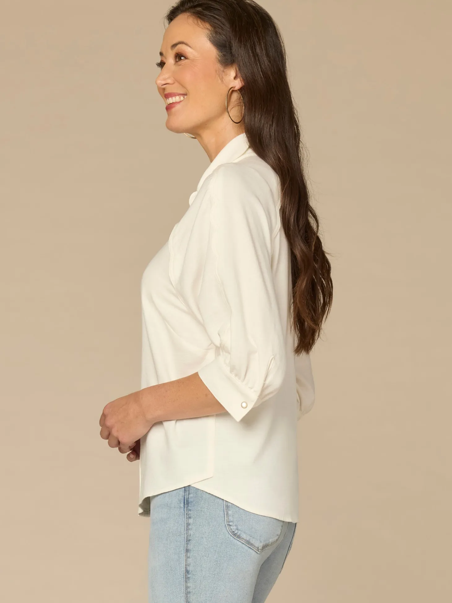 Below Elbow V-Neck Snap Front Petite Woven Shirt with Scallop Edge