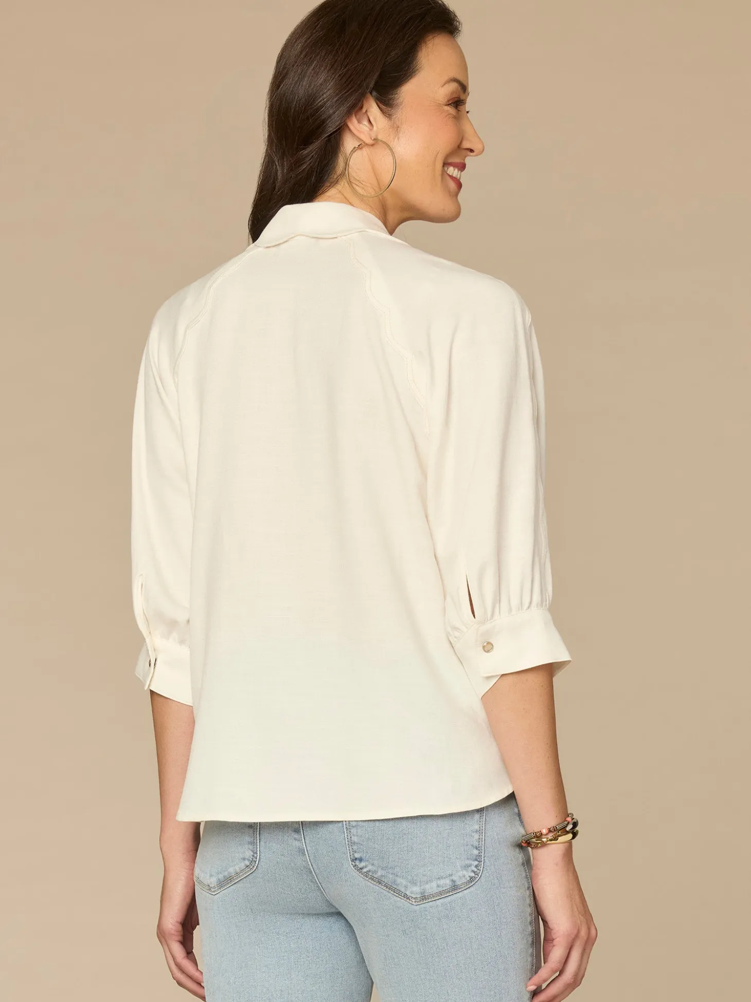 Below Elbow V-Neck Snap Front Petite Woven Shirt with Scallop Edge