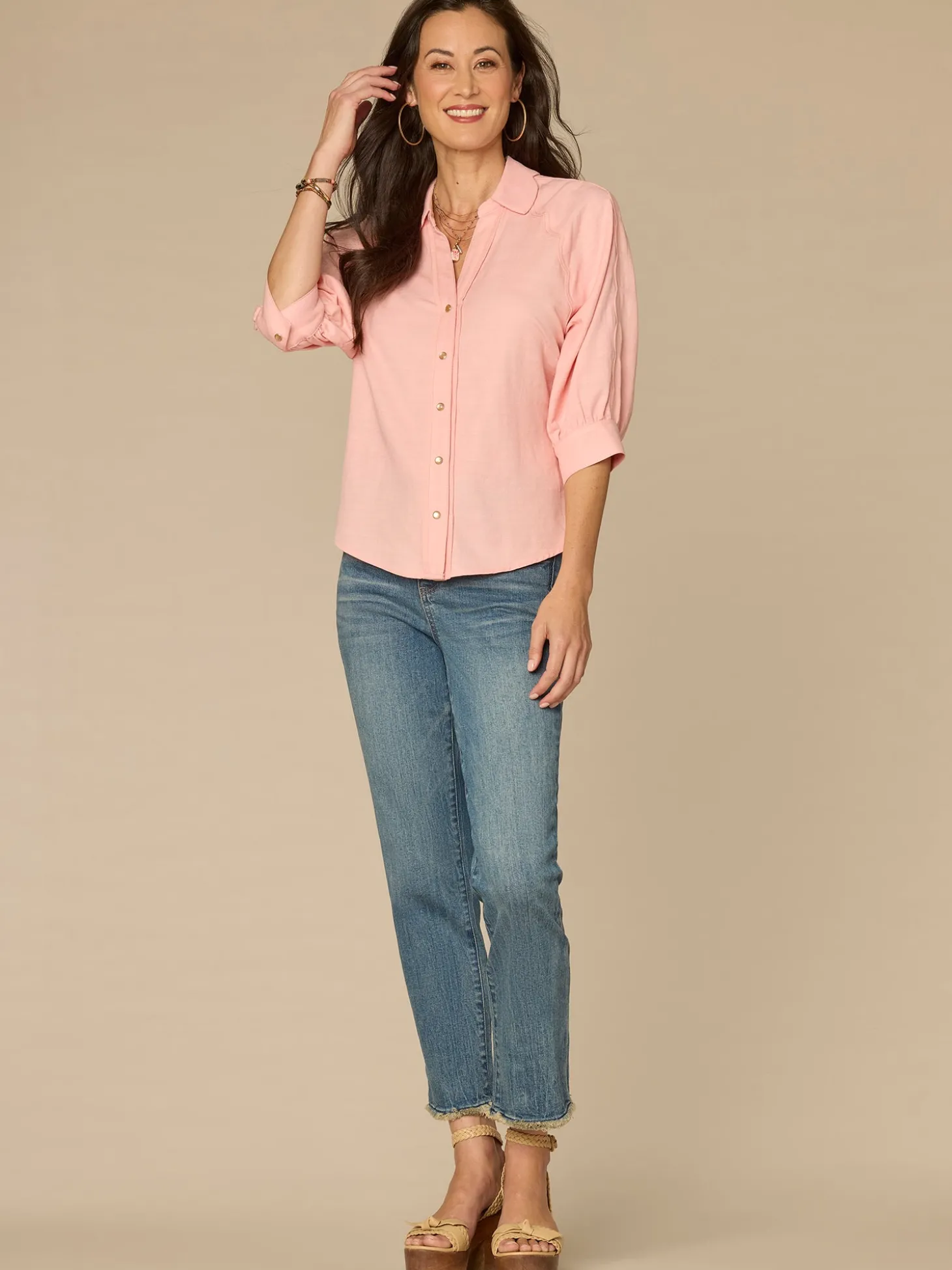 Below Elbow V-Neck Snap Front Petite Woven Shirt with Scallop Edge