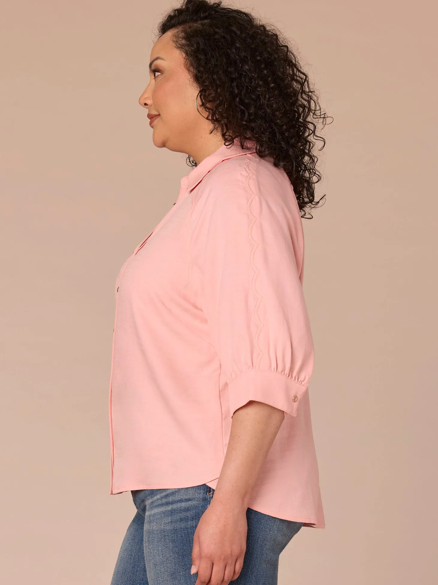 Below Elbow V-Neck Snap Front Plus Size Woven Shirt with Scallop Edge