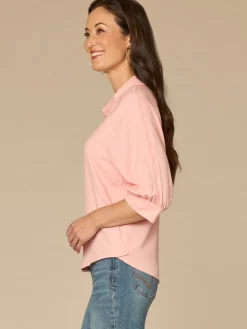 Below Elbow V-Neck Snap Front Woven Shirt with Scallop Edge Detail