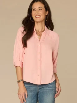 Below Elbow V-Neck Snap Front Woven Shirt with Scallop Edge Detail