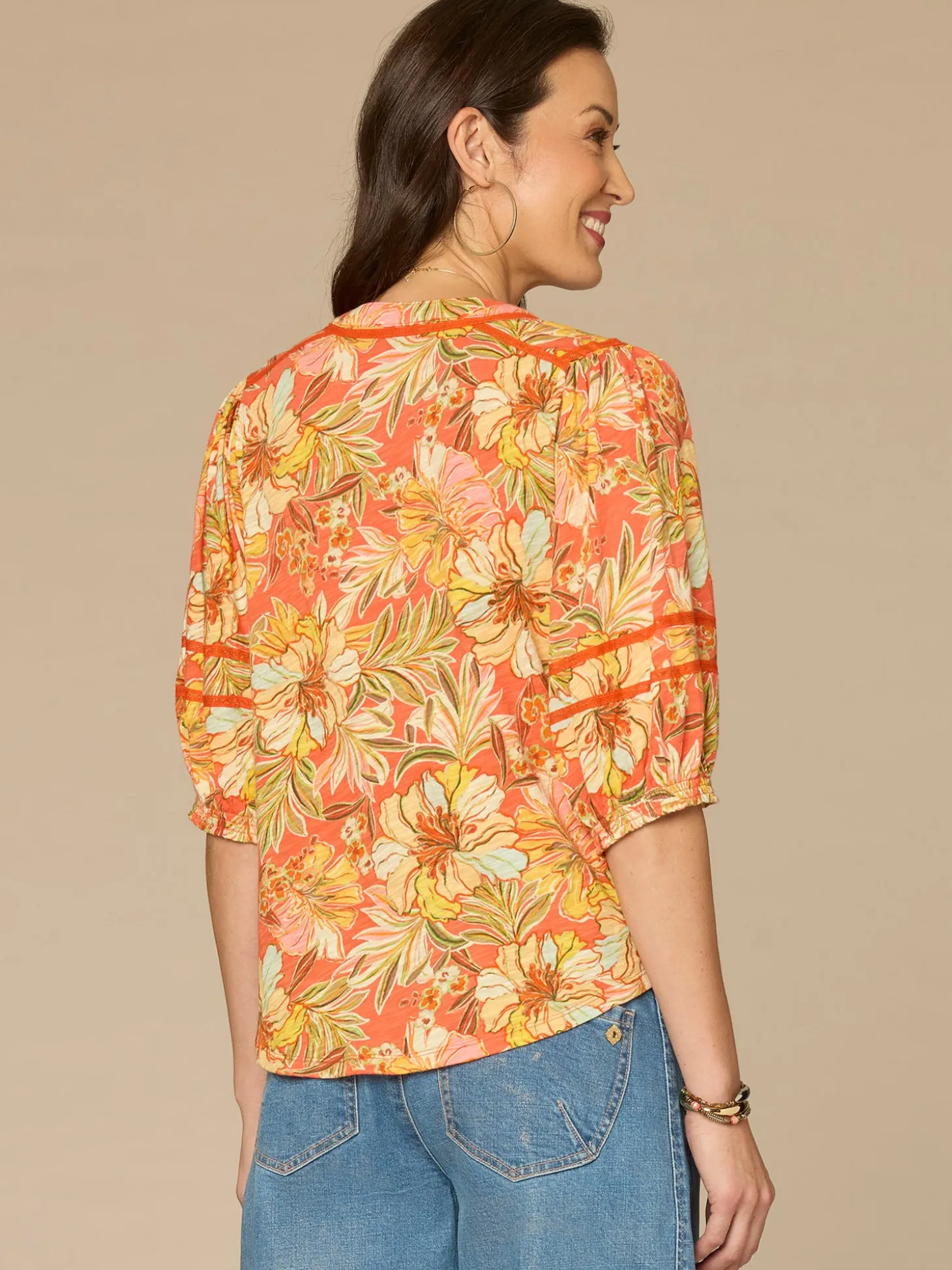 Blouson Sleeve Mandarin Collar Half Placket Printed Petite Knit Top