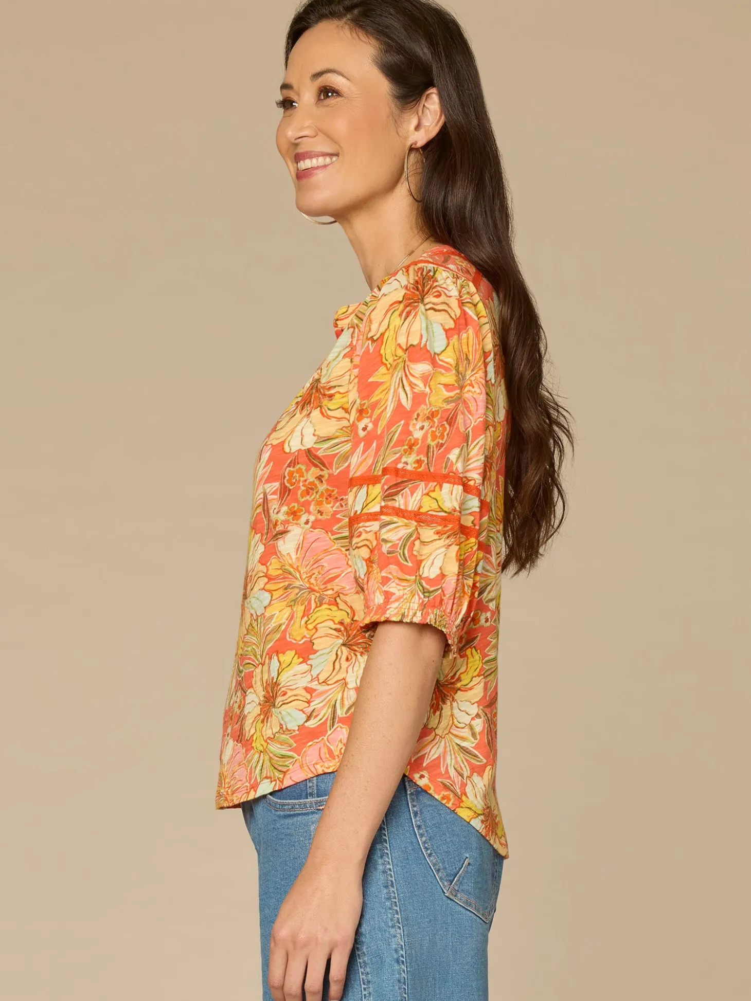 Blouson Sleeve Mandarin Collar Half Placket Printed Petite Knit Top